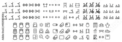 Fitness and gym equipment icons in outline.