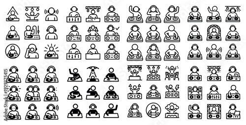 Dj figures operating audio equipment in rows