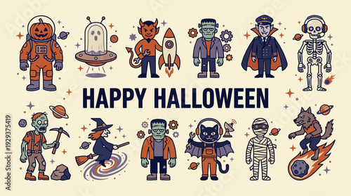Happy Halloween Cosmic Characters & Spooky Space Fun: Vector Illustration with Pumpkin Astronaut, Alien, Vampire, Werewolf & More