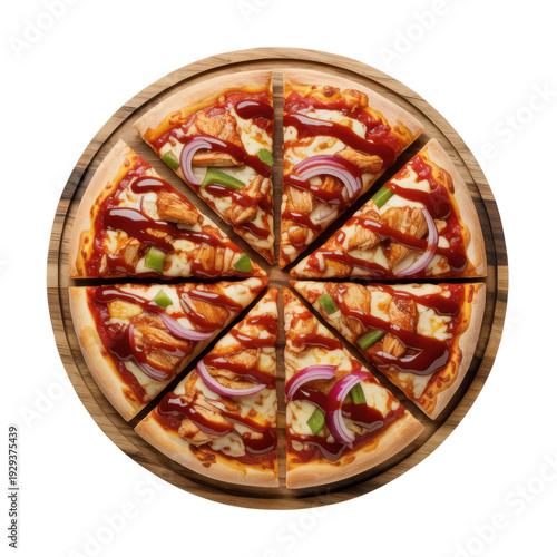 Delicious chicken pizza with barbecue sauce on wooden board sliced
