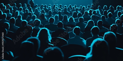 A crowd of people sitting inside a dark theater watching a show or movie.