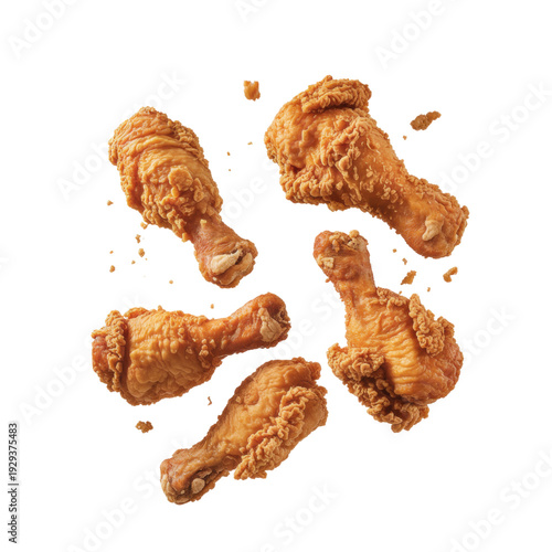 Crispy fried chicken pieces floating in mid-air
