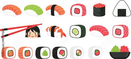 Sushi Variety Vector Illustration Set with Nigiri, Maki Rolls, Onigiri, Salmon Slices, Chopsticks and Wasabi Bowl Collection
