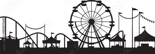 Black silhouette amusement park with ferris wheel and roller coaster