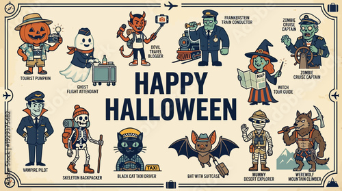 Happy Halloween Travel Characters: Festive Spooky Monsters in Professional Roles Illustration for Global Journeys and Holiday Celebrations