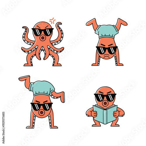 Cartoon octopus characters doing yoga and reading in sunglasses and hats