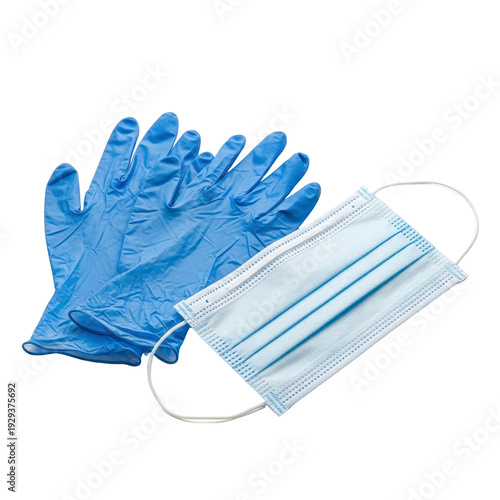 Blue protective gloves and face mask isolated on transparent background