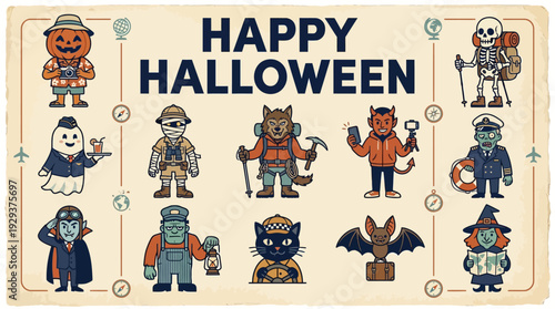 Happy Halloween Travel Characters Illustration: Vintage Cartoon Collection of Spooky Adventurers in Costumes & Professions, Fun Holiday Theme