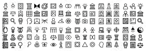 Black outline museum and art icons arranged