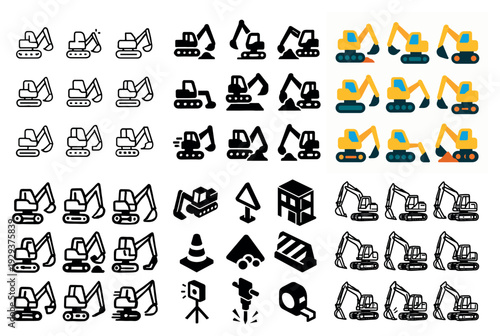 Multiple excavator and construction icons displayed