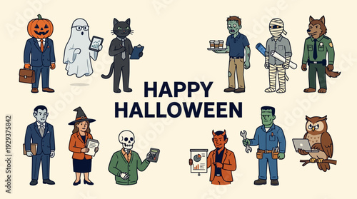 Happy Halloween Business Professionals: Diverse Cartoon Characters in Spooky Costumes Working, Perfect for Office Celebrations, Marketing, and Holiday Concepts