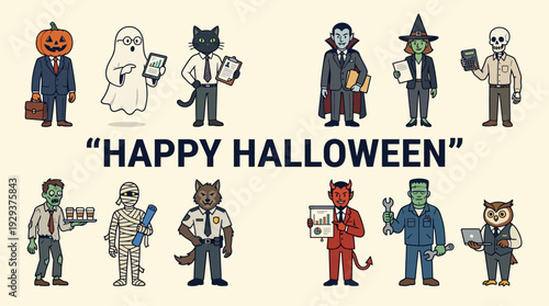 Funny Halloween Office Party: Business Professionals in Spooky Costumes - Cartoon Illustration of Diverse Workforce Celebrating at Work