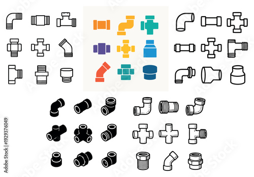 Assorted pipe fittings in multiple icon styles.