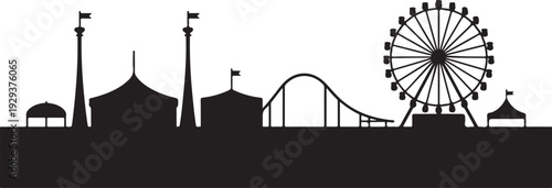 Black silhouette amusement park with ferris wheel and roller coaster