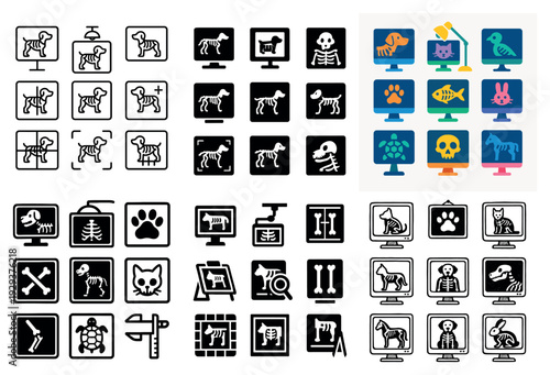 Animal diagnostic icons shown on monitor screens.