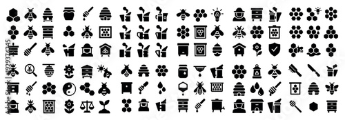 Various bee and beehive silhouettes arranged in grid