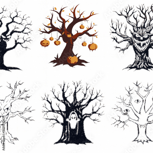 Spooky Halloween Haunted Tree Collection with Pumpkins and Ghosts Illustrations