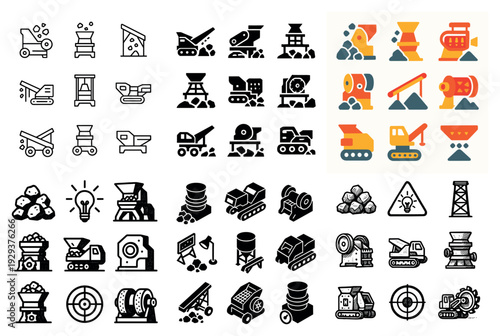 Mining and quarry equipment icons with variant styles