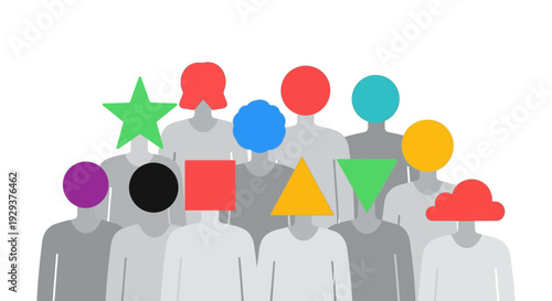 Diverse Group of Individuals with Varied Colorful Shape Heads Symbolizing Uniqueness and Community