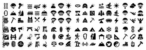 Outdoor activity icons showing camping hiking and water sports.