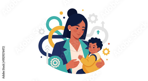 Working Mother Balancing Career & Family Life: Professional Woman Holding Child with Abstract Growth Elements