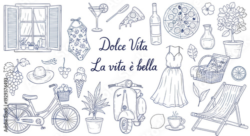 Italian Lifestyle Sketch Set Dolce Vita Hand Drawn Vector Illustration