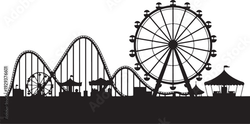 Black silhouette amusement park with ferris wheel and roller coaster