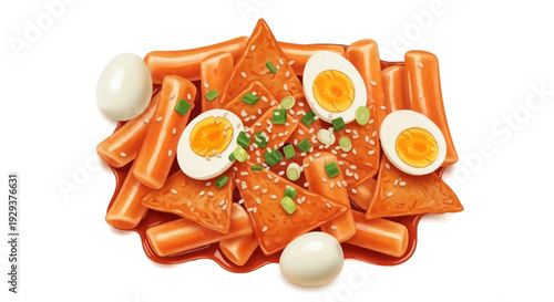Korean tteokbokki rice cakes with boiled eggs and fish cakes