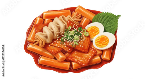 Korean tteokbokki rice cakes with eggs and perilla leaf