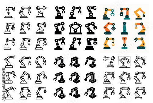 Industrial robotic arm icons and variants shown