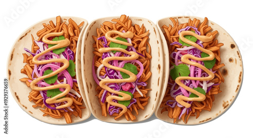 Jackfruit pulled tacos with purple cabbage and creamy zigzag sauce