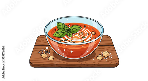 Creamy tomato Bisque soup with basil and croutons on board