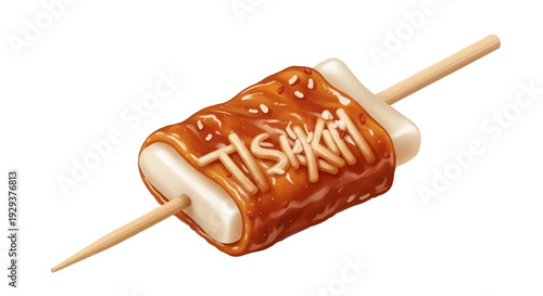 Spicy korean tteokbokki rice cakes on a skewer with sauce