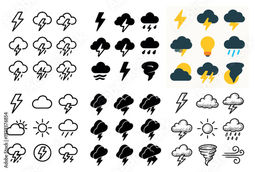 Rows of storm and lightning icons in black and color.