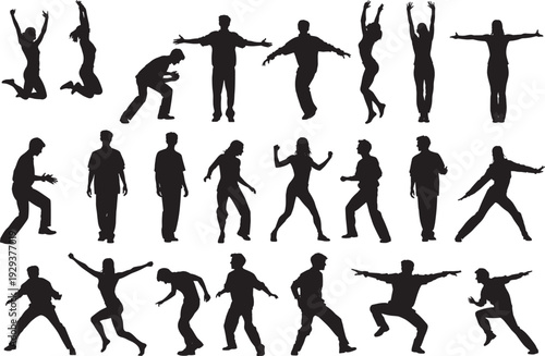 Black silhouette illustrations of people in dynamic poses, jumping, dancing, walking, pointing, expressive movement, male and female figures, posture study, animation reference