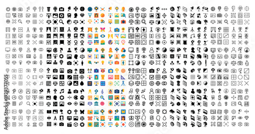 Dense grid of assorted icons covering design and media topics