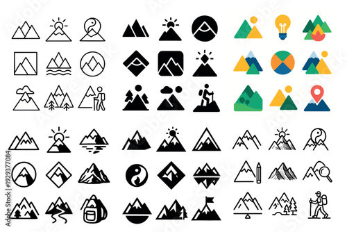 Mountain landscape and hiking icons assortment