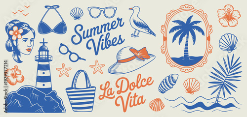 Hand Drawn Summer Doodle Collection with Marine and Beach Elements, Shells with Bows, Palm Tree, Bikini, Bag, Lighthouse, Sunglasses and Hibiscus, Perfect for Travel Prints and Postcards