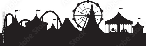 Black silhouette amusement park with ferris wheel and roller coasters