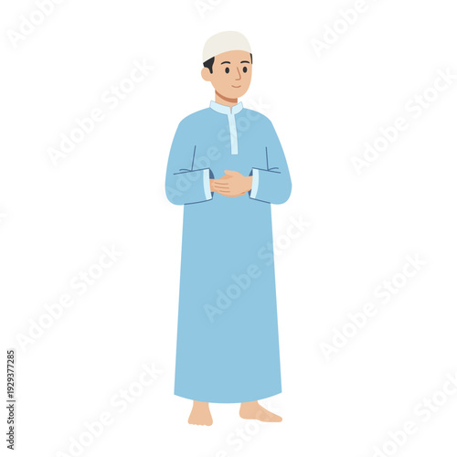 Muslim man standing in folded hands prayer position flat vector