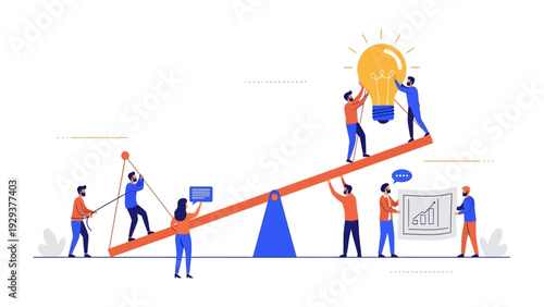 Teamwork and Collaboration Bringing a Bright Idea to Life on a Seesaw with Business Growth Chart