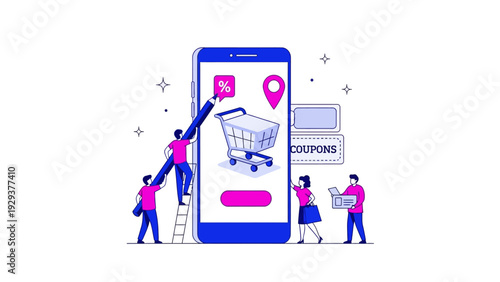 Vibrant digital illustration showcasing a modern mobile shopping experience with users exploring product catalogs and securing exclusive discounts through a intuitive smartphone application