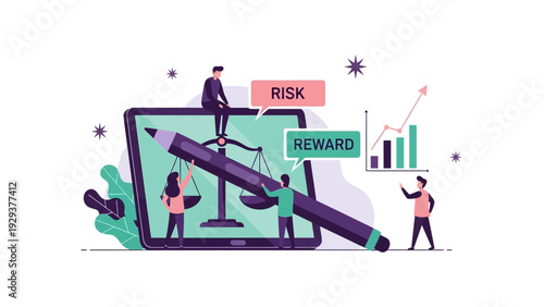 Business strategy concept with risk and reward balance on a digital scale, illustrating financial decision-making and growth analysis for optimal outcomes