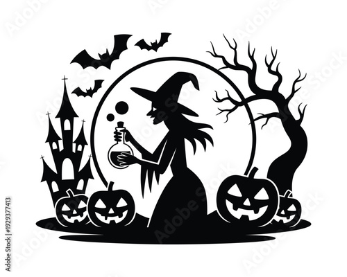 Spooky Halloween silhouette scene with a witch cauldron bats pumpkins and haunted castle on a moonlit night