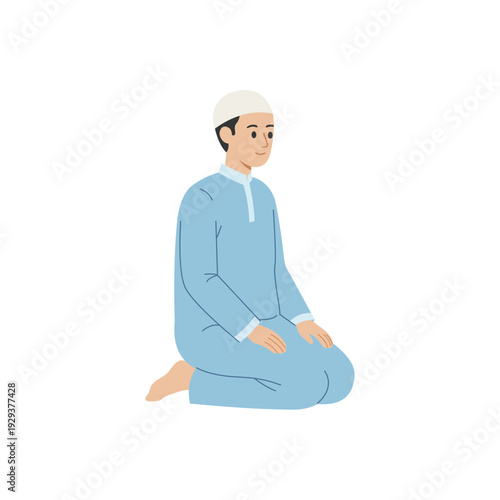 Muslim man sitting in between two prostrations prayer position flat vector