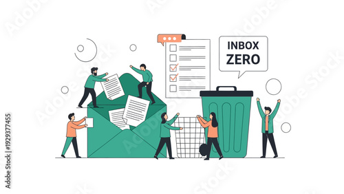 Business team organizing emails to achieve inbox zero in modern flat illustration symbolizing digital productivity and workflow efficiency