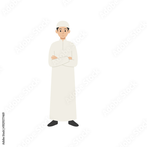 Muslim man standing in white koko shirt and black pants flat vector
