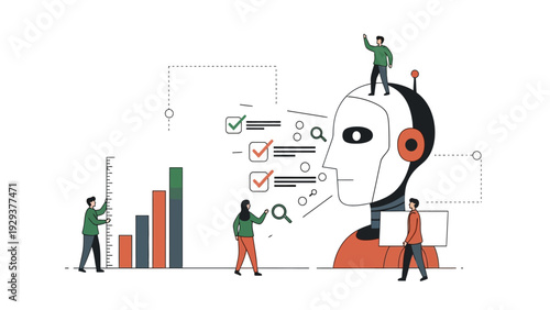 Business team analyzing data with artificial intelligence robot head in modern flat illustration symbolizing machine learning and performance growth