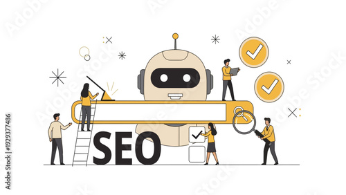Business team working with AI robot on SEO optimization in modern flat illustration symbolizing digital marketing and search engine strategy