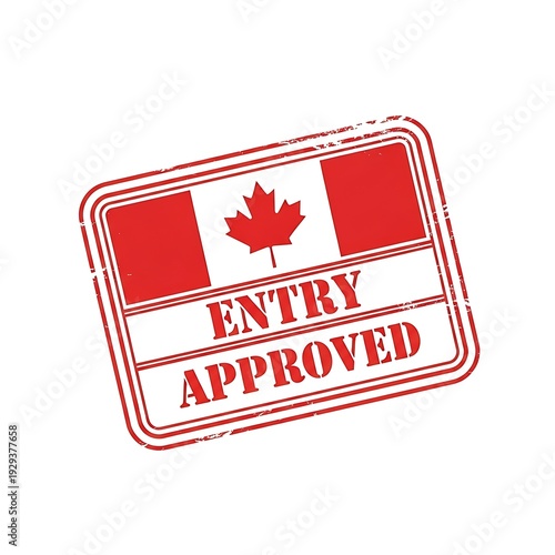 Canada entry approved stamp with maple leaf and flag over white background